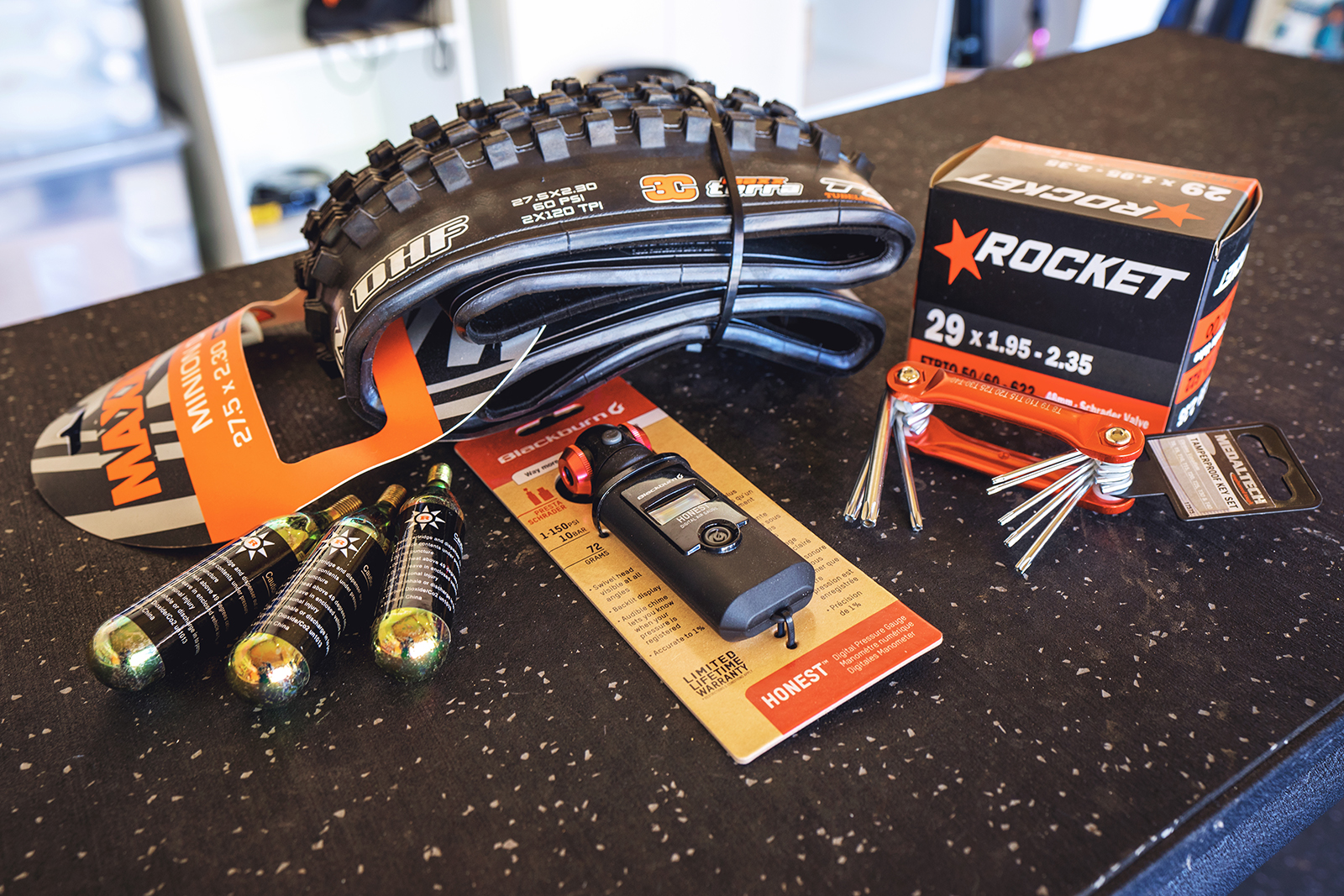 Mountain bike tyres and tools available at Dwellingup workshop