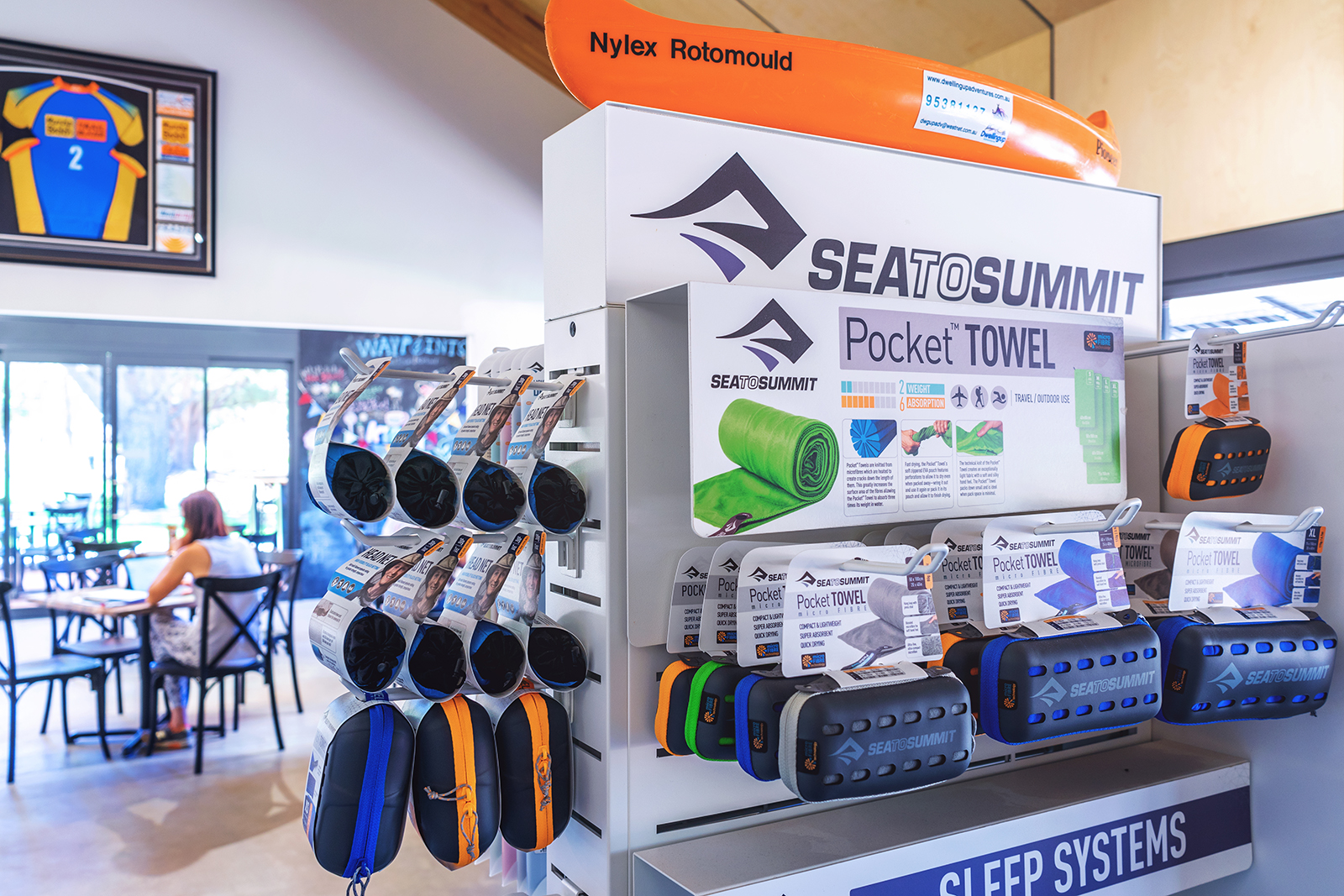 Sea to Summit pocket towels on display at Dwellingup gear shop