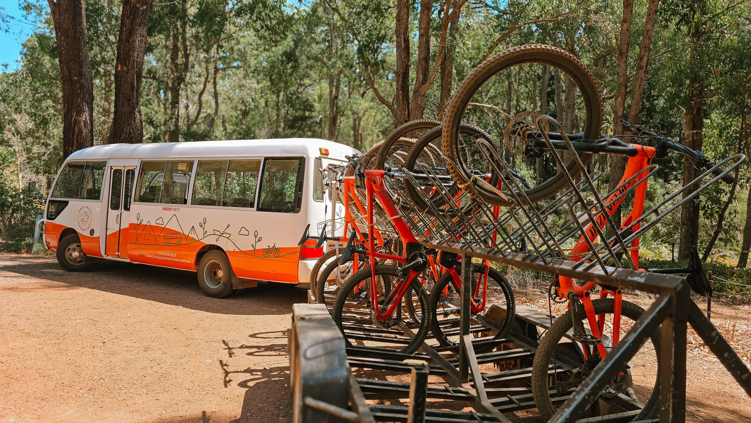 Bike trailer loaded for group transfer beside forest shuttle