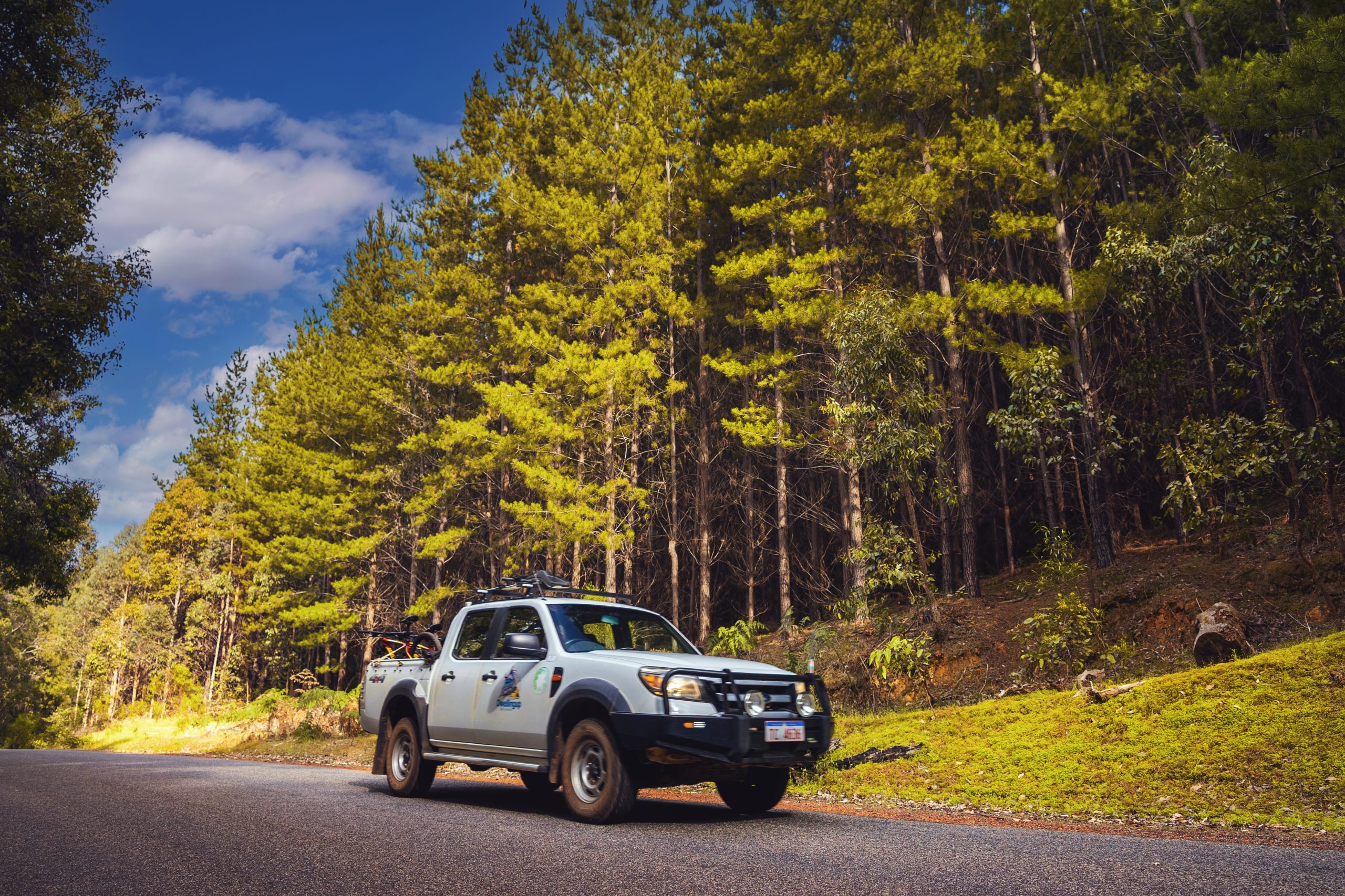 4WD charter vehicle parked along forest access trail near Dwellingup
